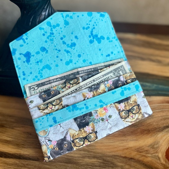 Cash Envelope/Receipt holder Fabric Handmade Wallet Kitty Cats with Glasses - Picture 2 of 4